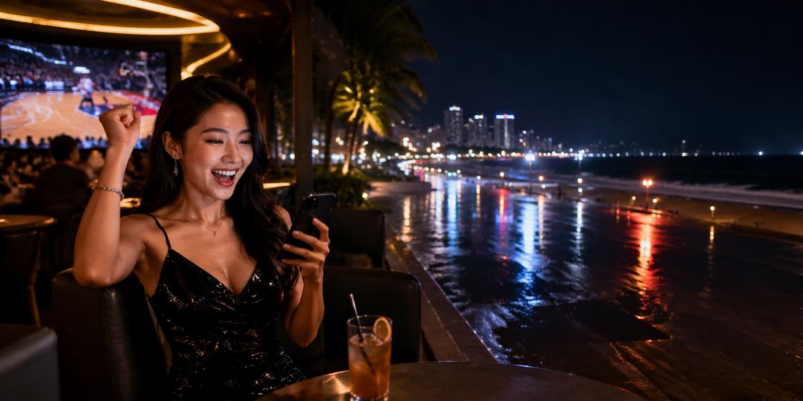 Người dùng xem kết quả cá cược bóng rổ tại bãi biển Nha Trang buổi chiều